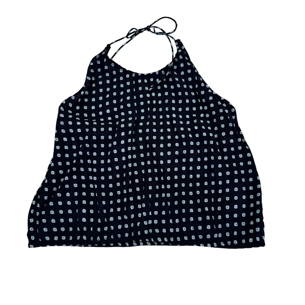 NATURA Halter Neck Blouson Top Navy Blue with Turquoise Geometric Print Small
